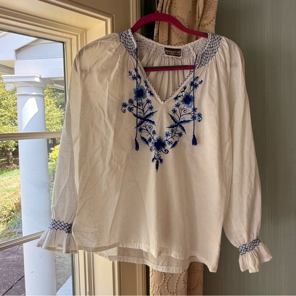 Potential Elegant White Blouse with Blue Embroidered Florals Linen Like Material